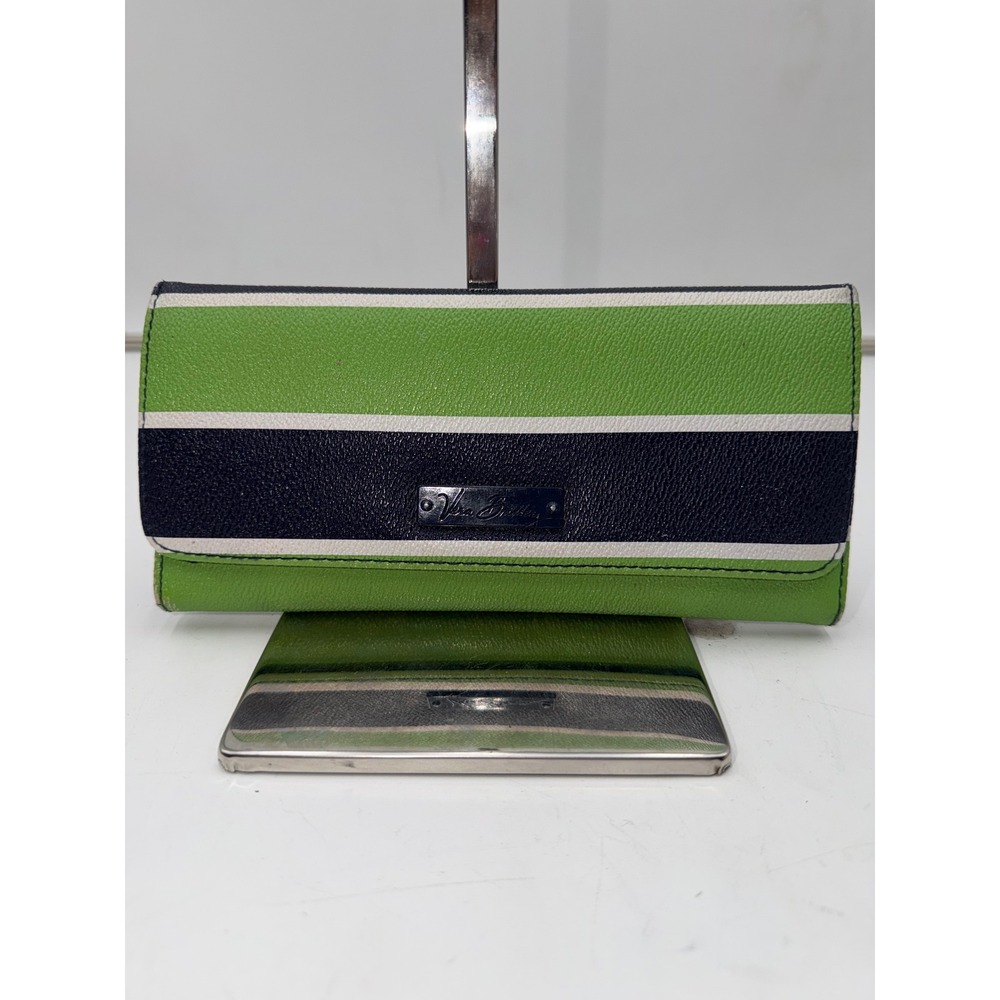 Vera Bradley Striped Trifold Wallet Green Navy Blue White Faux Leather Organizer